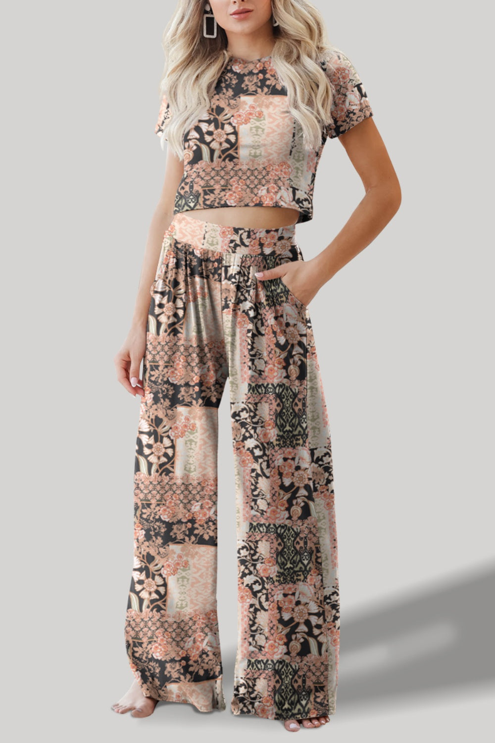 FAM-FAM Printed Round Neck Short Sleeve Top and Pants Set | Maekery Studio