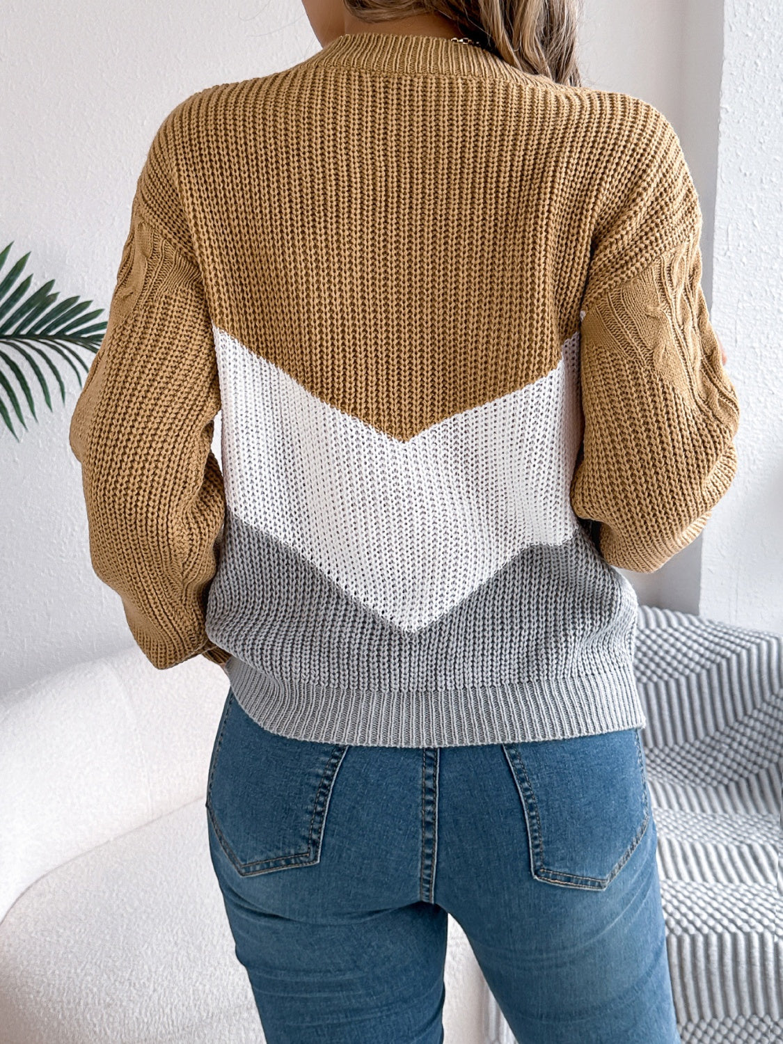 Cable-Knit Color Block Round Neck Sweater | Maekery Studio