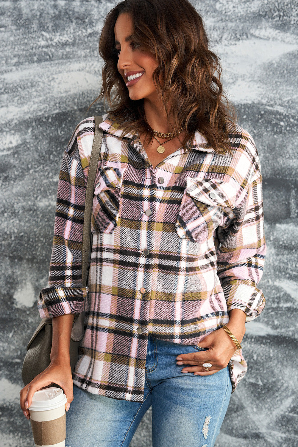 Plaid Button Front Shirt Jacket with Breast Pockets | Maekery Studio