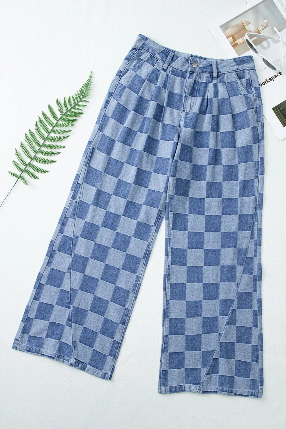 Checkered Wide Leg Jeans with Pockets | Maekery Studio