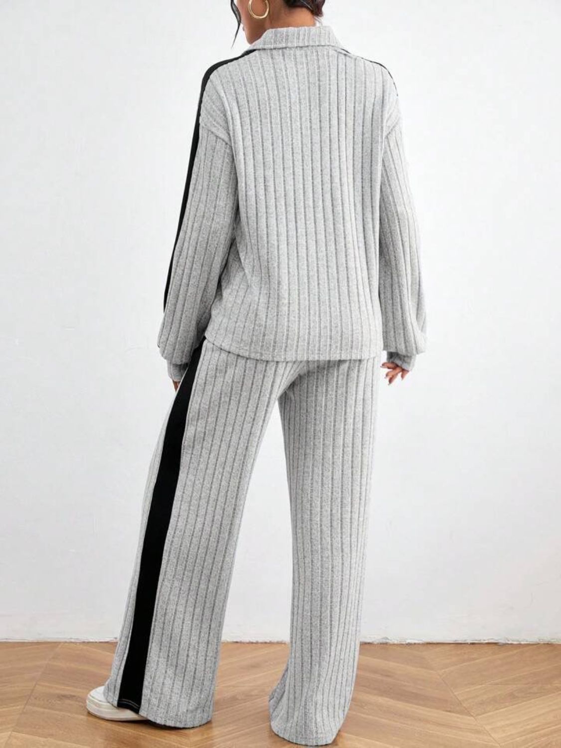 Contrast Collared Neck Long Sleeve Top and Pants Set | Maekery Studio