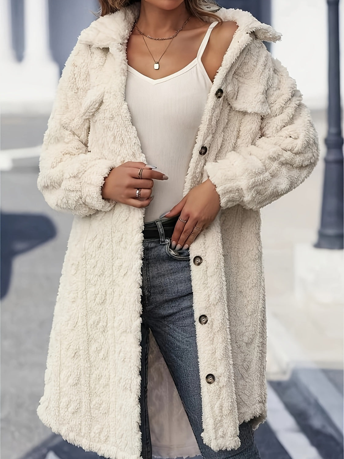 Fuzzy Button Up Long Sleeve Longline Coat | Maekery Studio