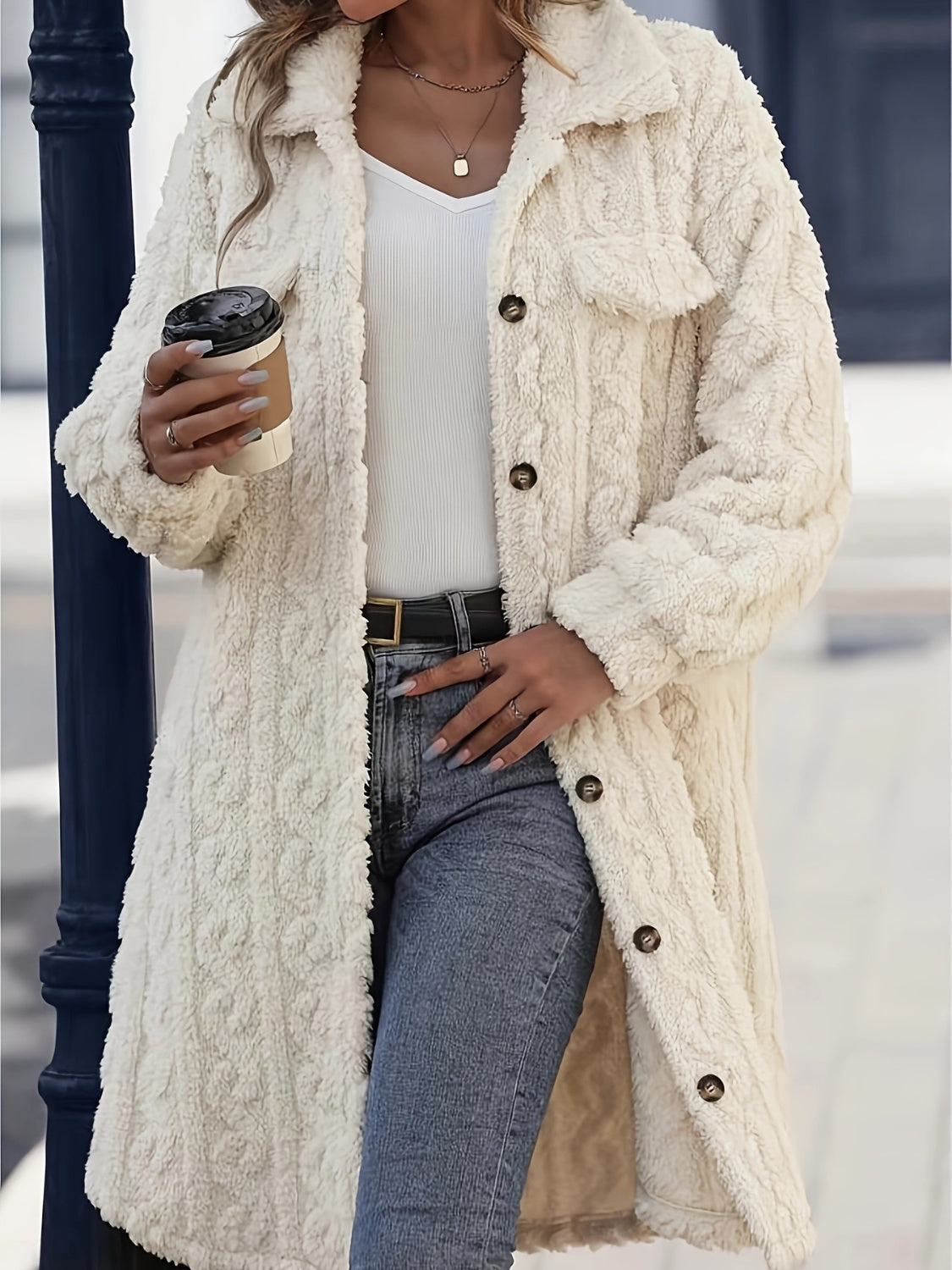 Fuzzy Button Up Long Sleeve Longline Coat | Maekery Studio