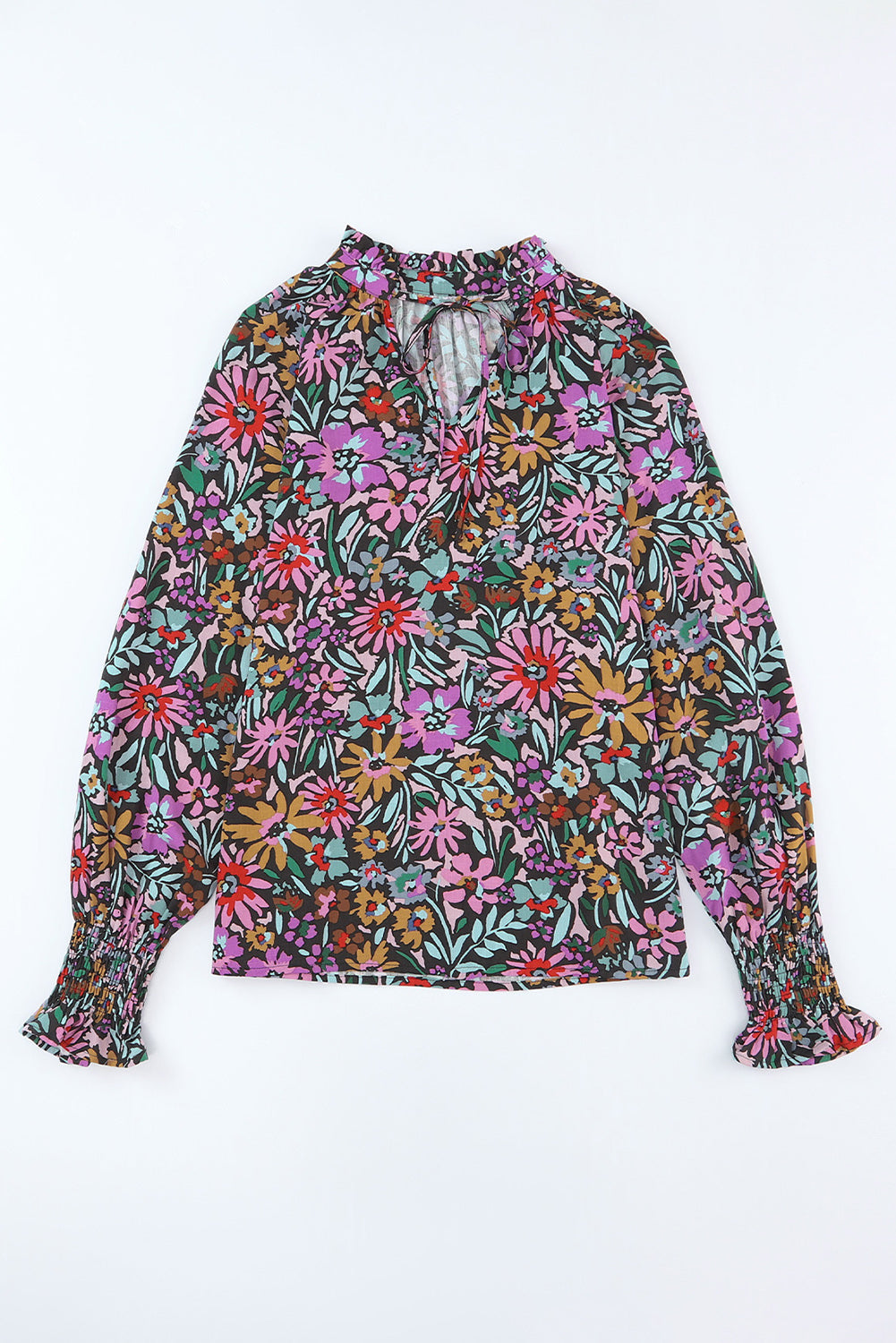 Multicolor Floral Boho Tie V Neck Peasant Blouse