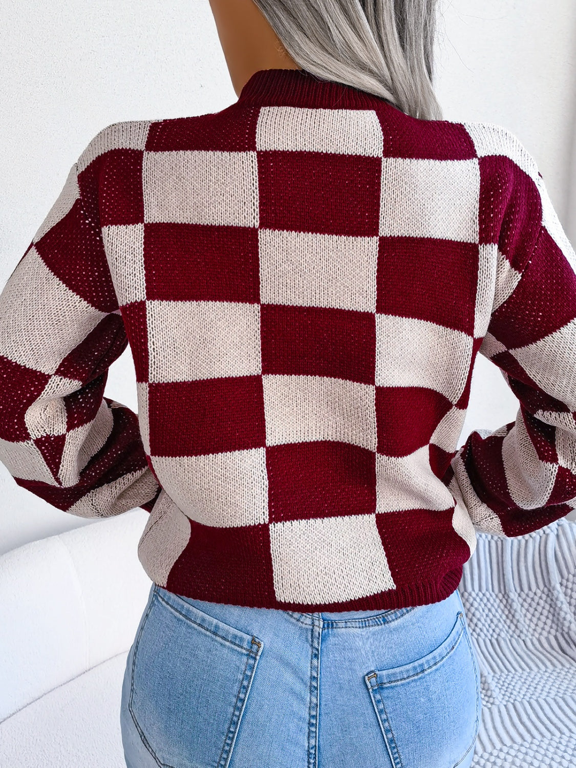 Checkered Mock Neck Long Sleeve Sweater | Maekery Studio