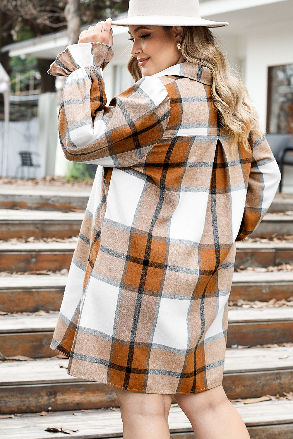 Khaki Plus Size Plaid Flounce Sleeve Button Up Shirt Dress | Maekery Studio