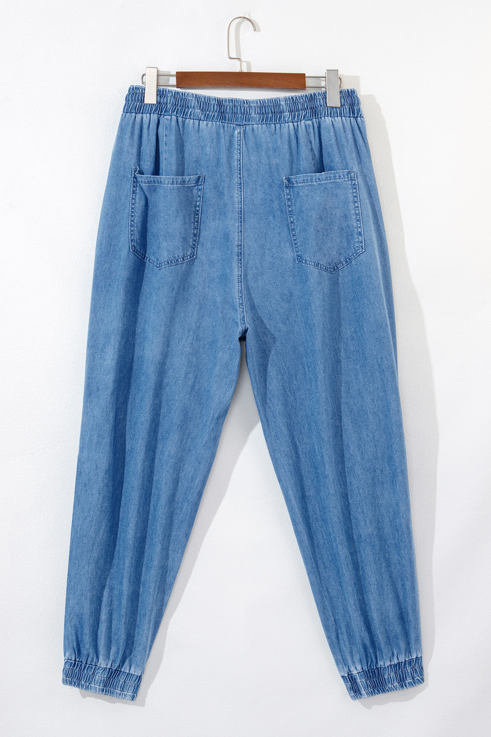 Dusk Blue Drawstring Waist Pocketed Plus Size Denim Joggers | Maekery Studio