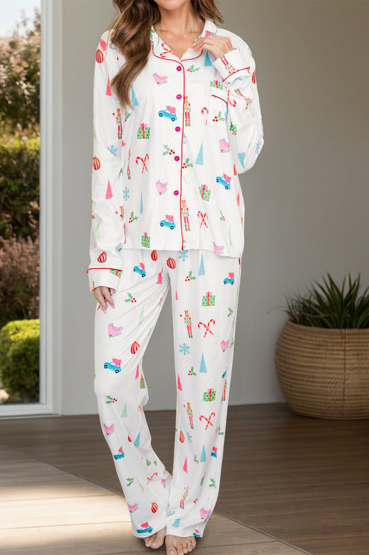 Printed Collared Neck Long Sleeve Top and Pants Lounge Set | Maekery Studio