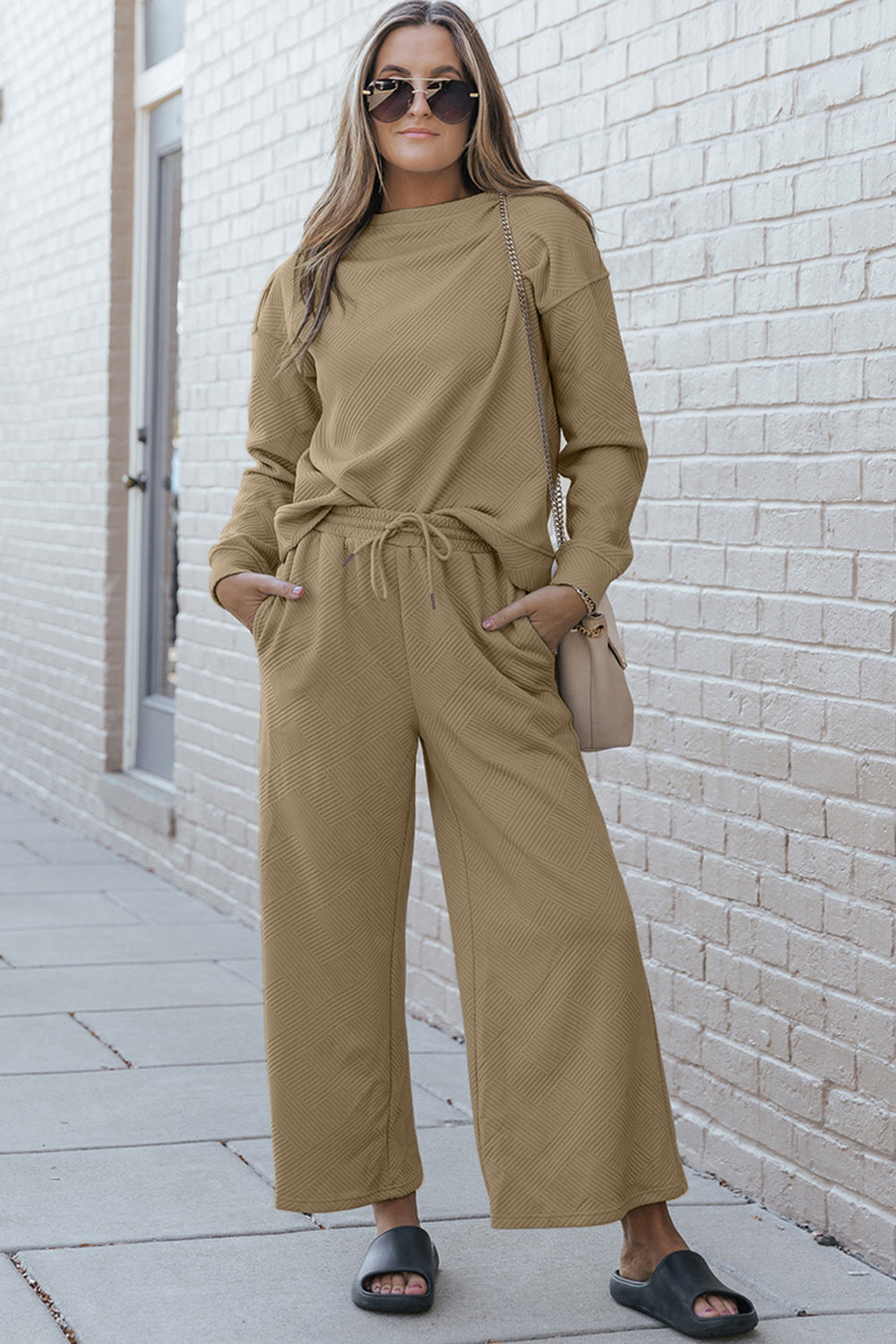 Double Take Full Size Textured Long Sleeve Top and Drawstring Pants Set | Maekery Studio