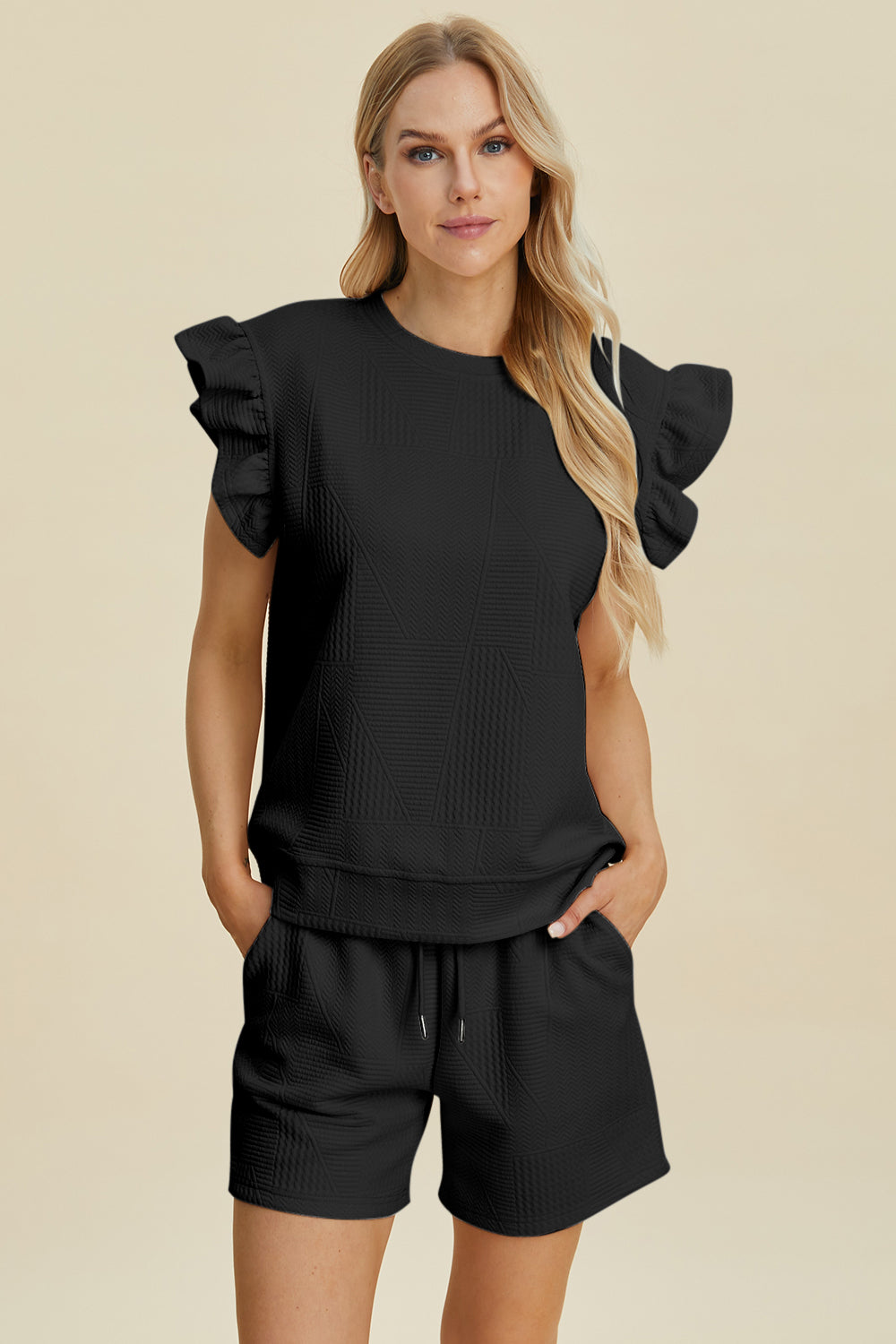 Double Take Full Size Texture Round Neck Ruffle Sleeve Top and Shorts Set | Maekery Studio