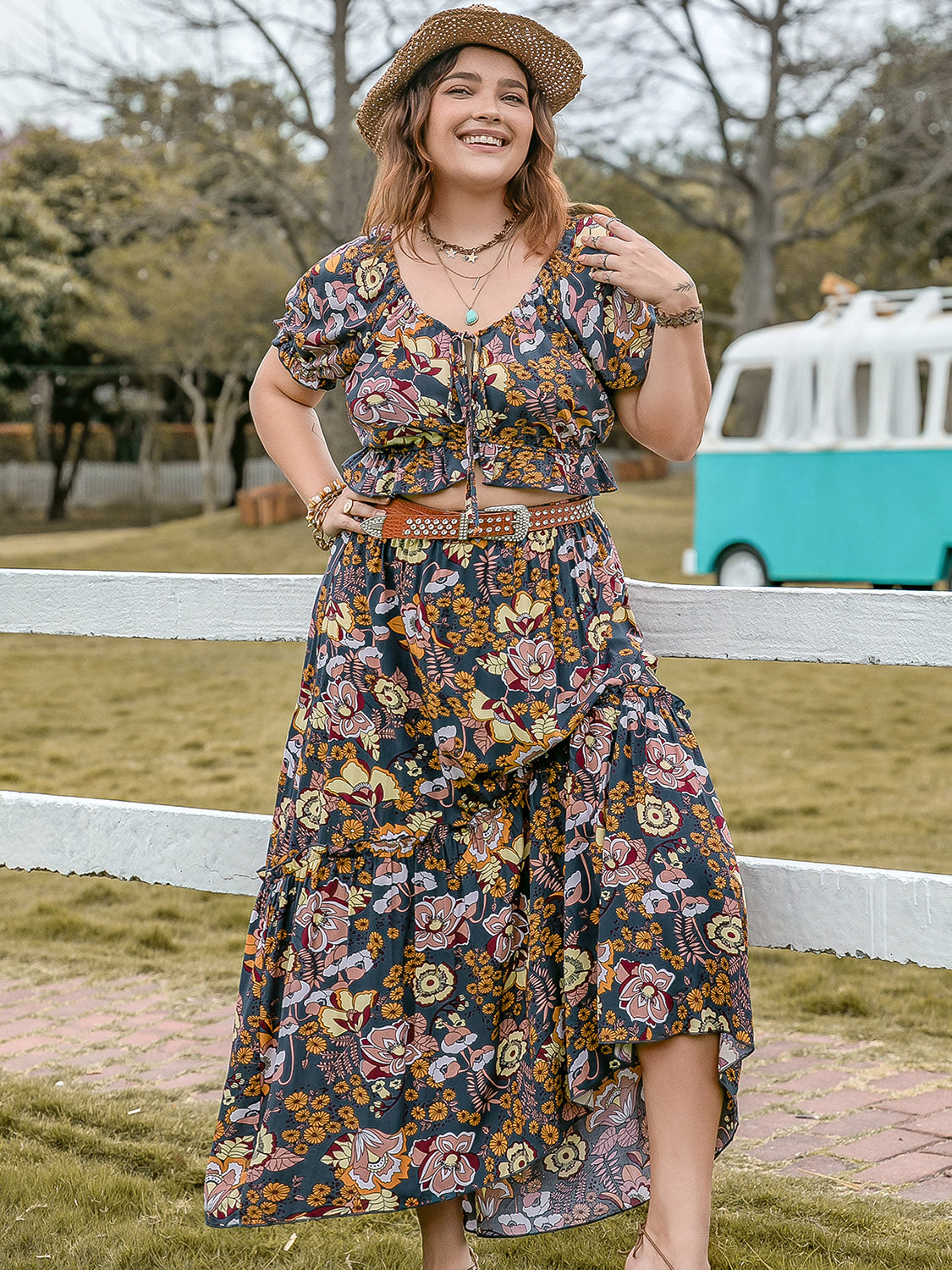 Plus Size Tie Neck Short Sleeve Top and Skirt Set | Maekery Studio