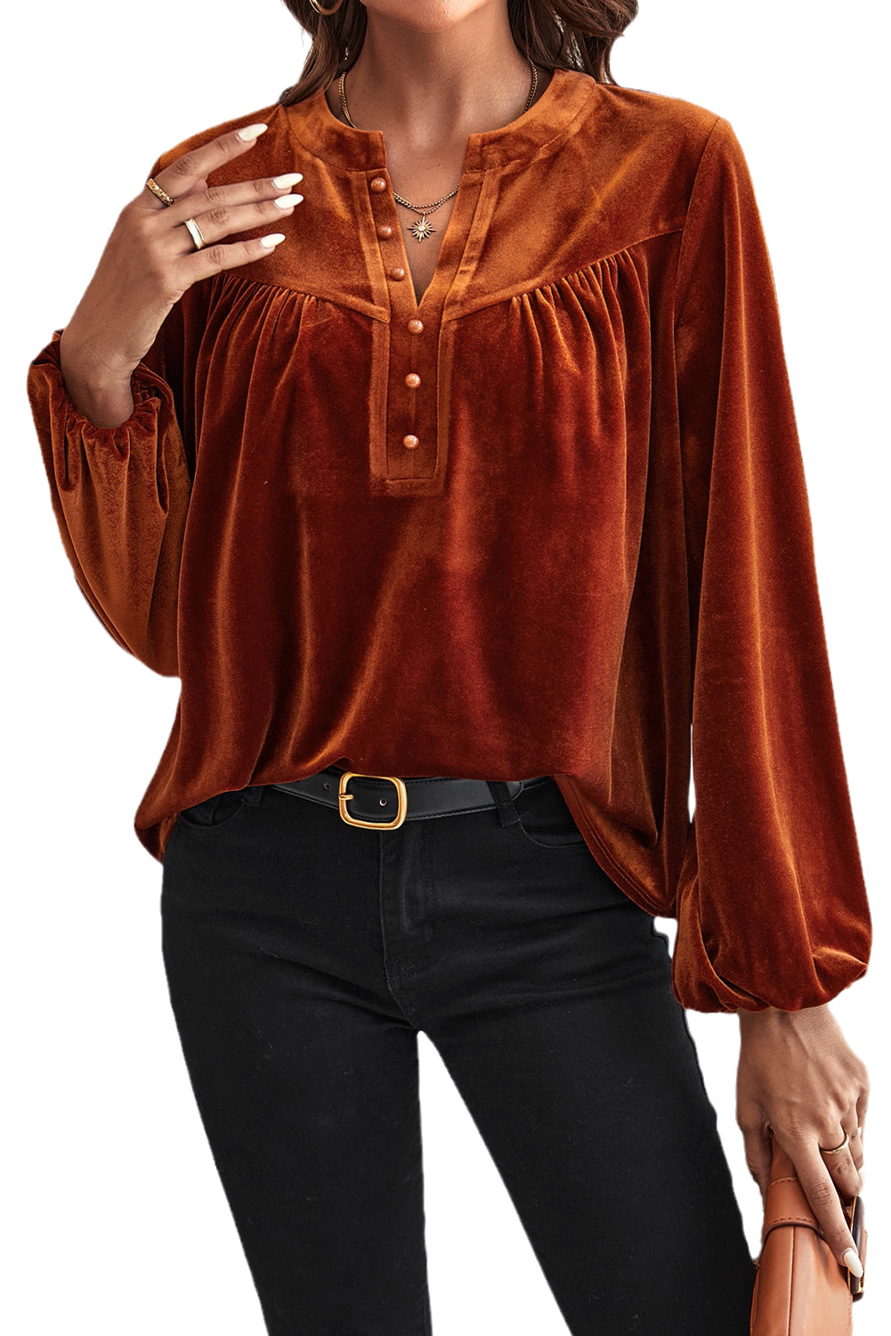 Gold Flame Velvet Beaded V Neck Lantern Sleeve Top