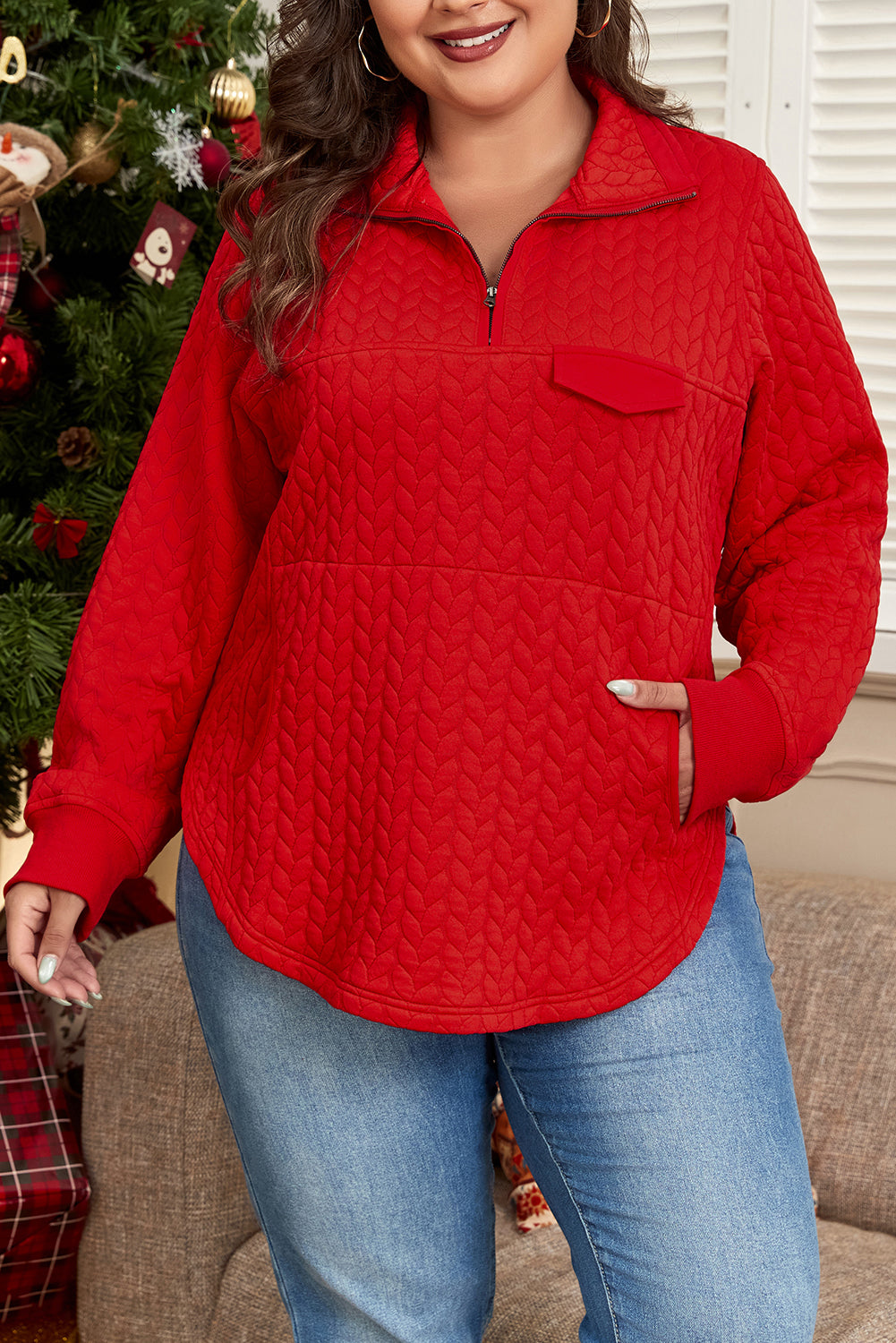 Tomato Red Textured Quarter Zip Plus Size Pullover | Maekery Studio