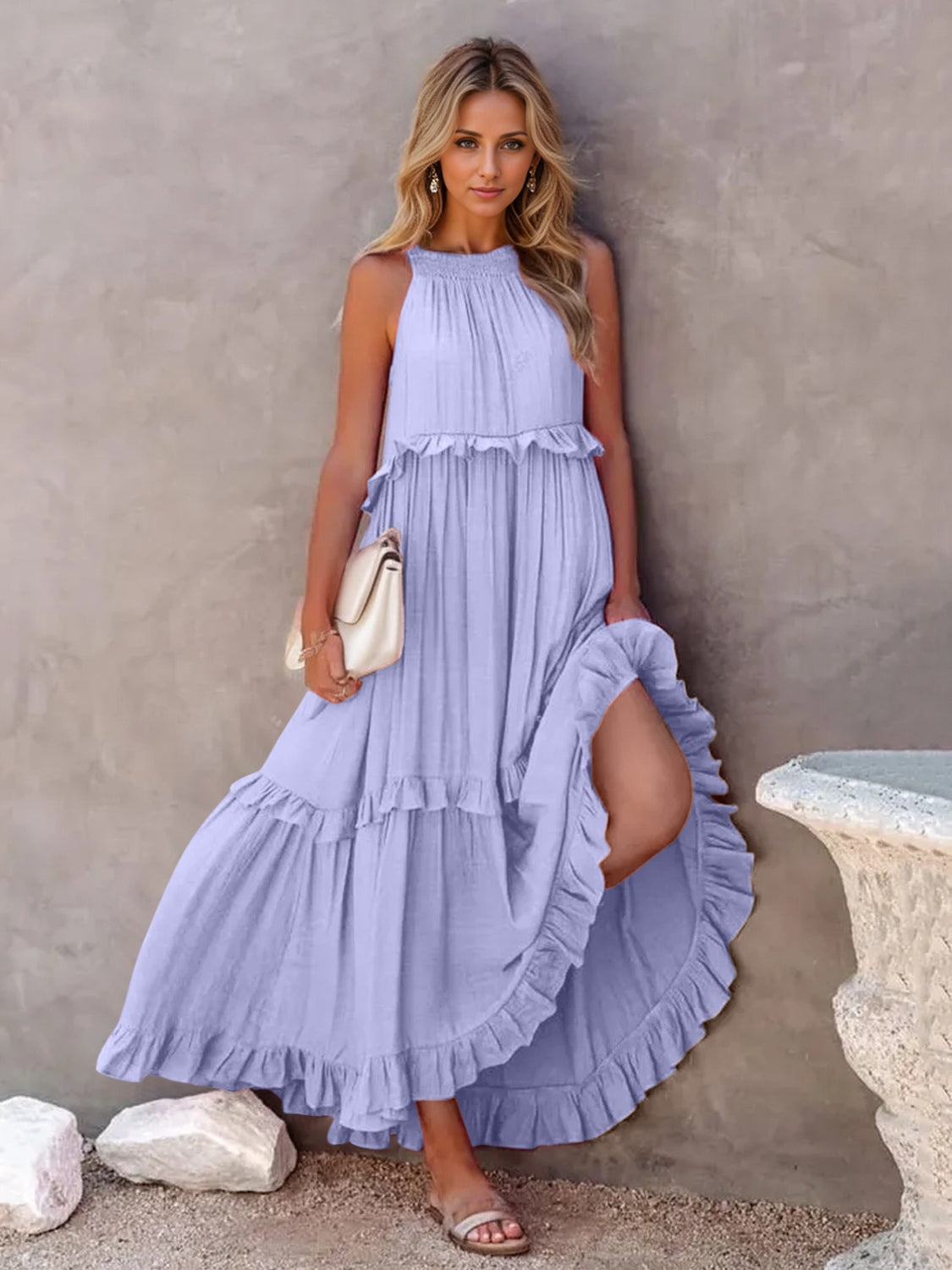 Ruffled Sleeveless Tiered Maxi Dress with Pockets | Maekery Studio