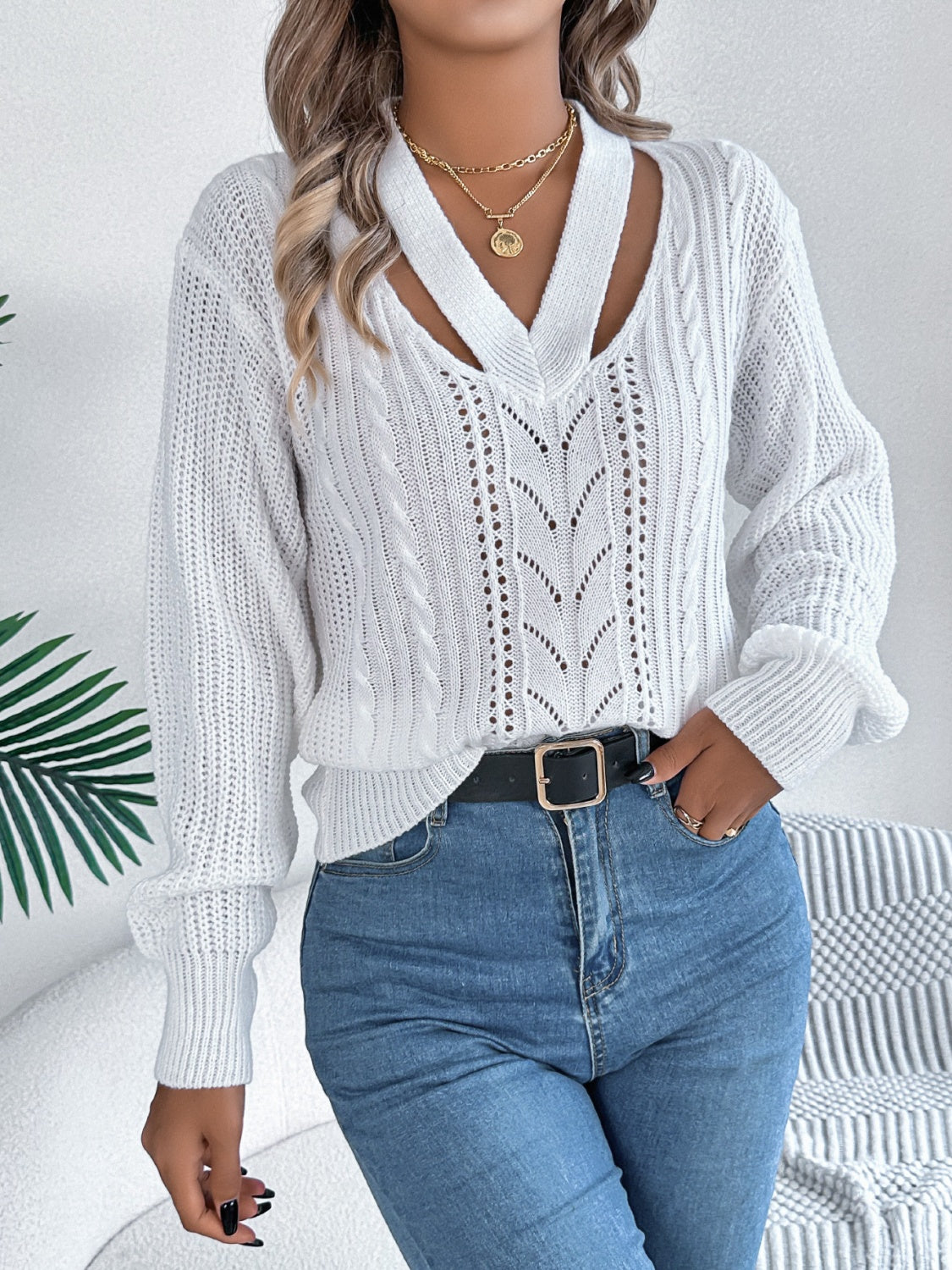 Cutout V-Neck Long Sleeve Sweater | Maekery Studio