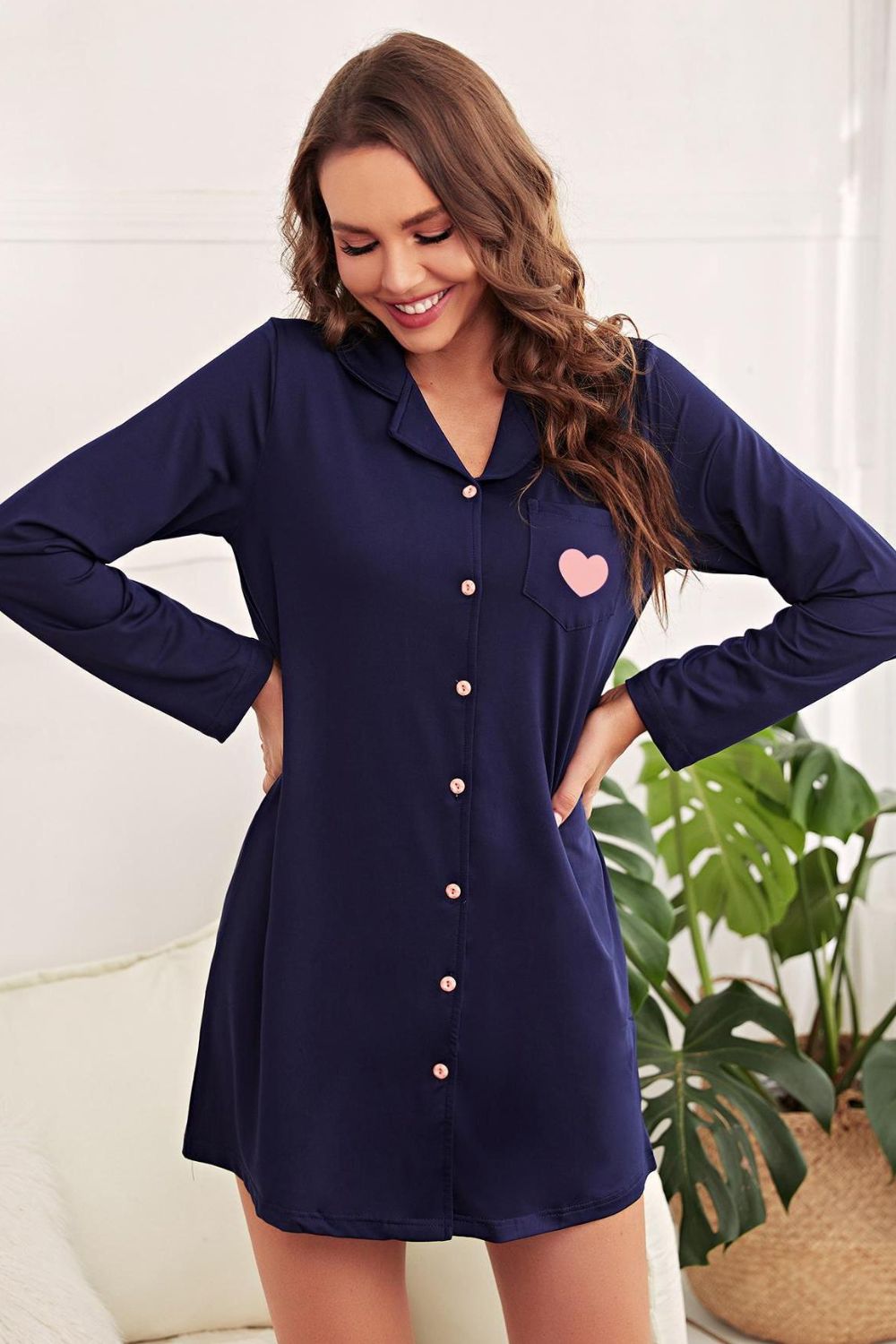 Heart Graphic Lapel Collar Night Shirt Dress | Maekery Studio