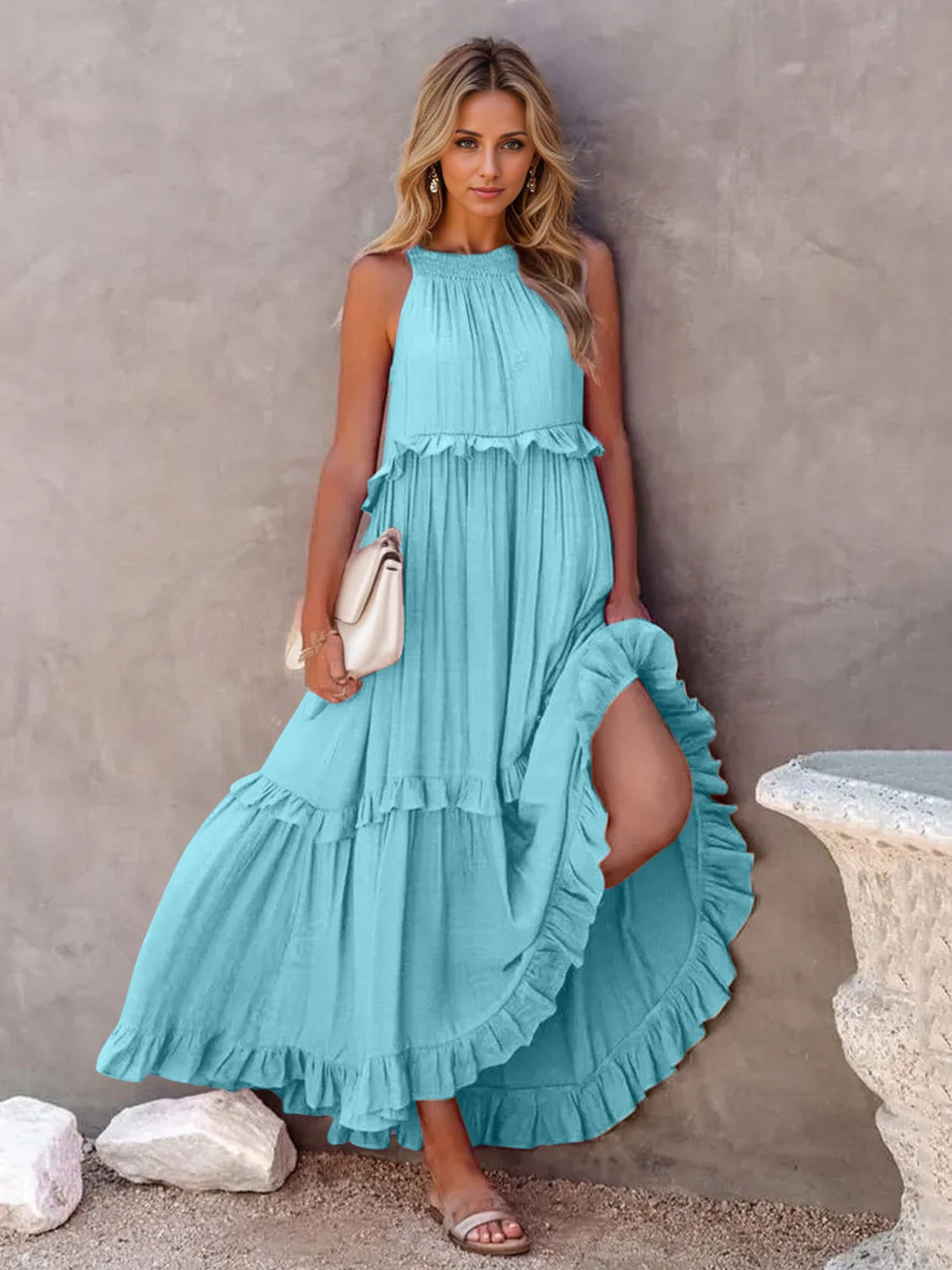 Ruffled Sleeveless Tiered Maxi Dress with Pockets | Maekery Studio