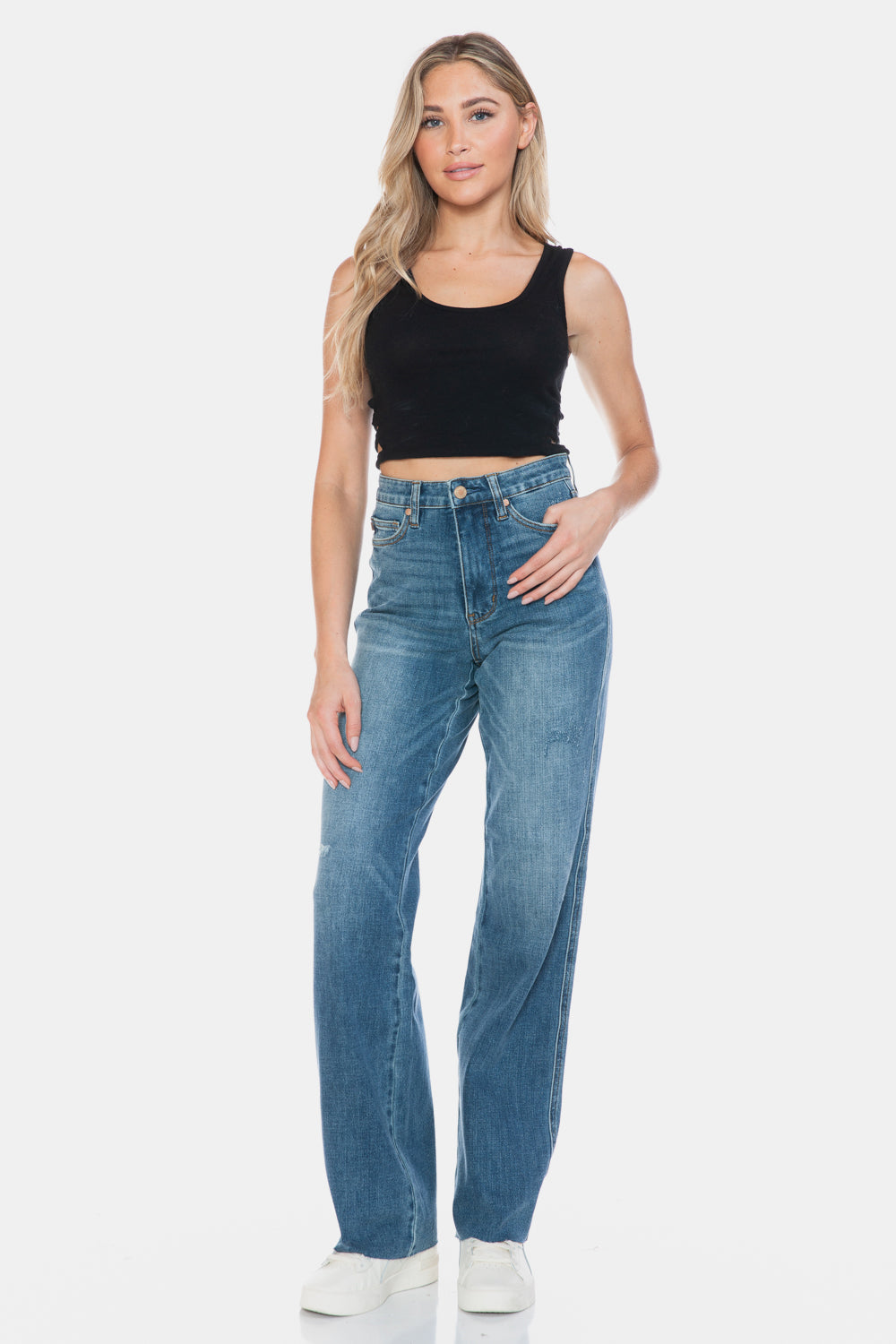 Judy Blue Full Size Tummy Control Cut Raw Hem Straight Jeans | Maekery Studio