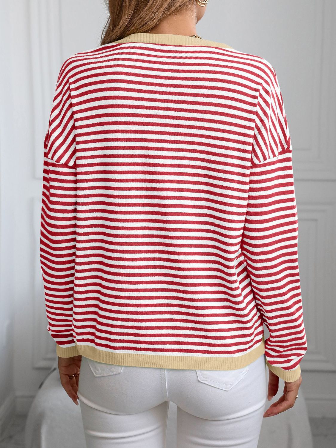 Contrast Trim Striped V-Neck Long Sleeve Knit Top | Maekery Studio