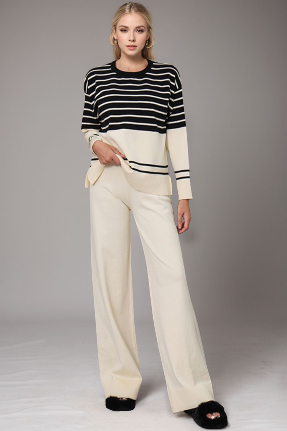 Basic Bae Striped Round Neck Long Sleeve Top and Pants Sweater Set