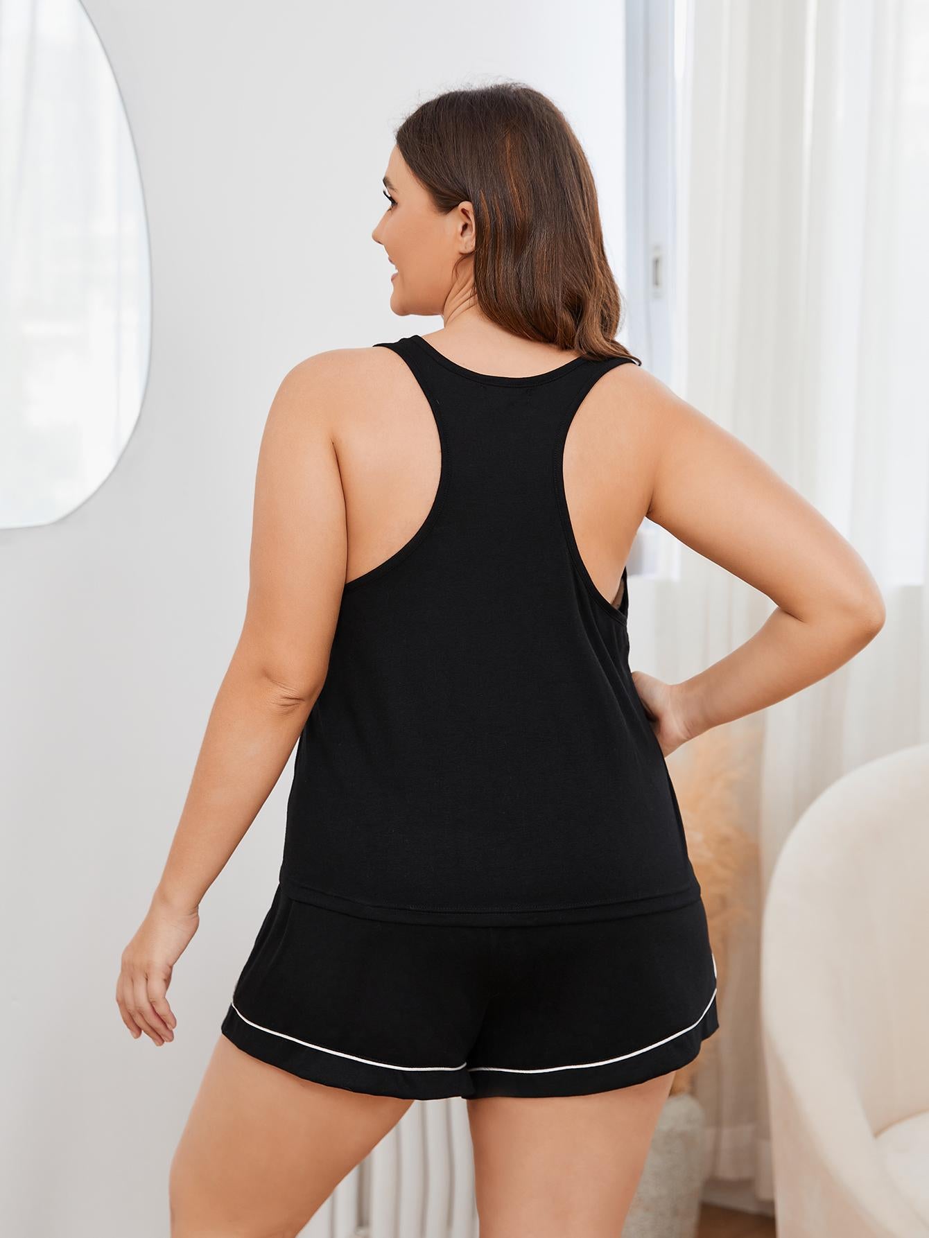 Plus Size Contrast Piping Racerback Tank and Shorts Lounge Set | Maekery Studio