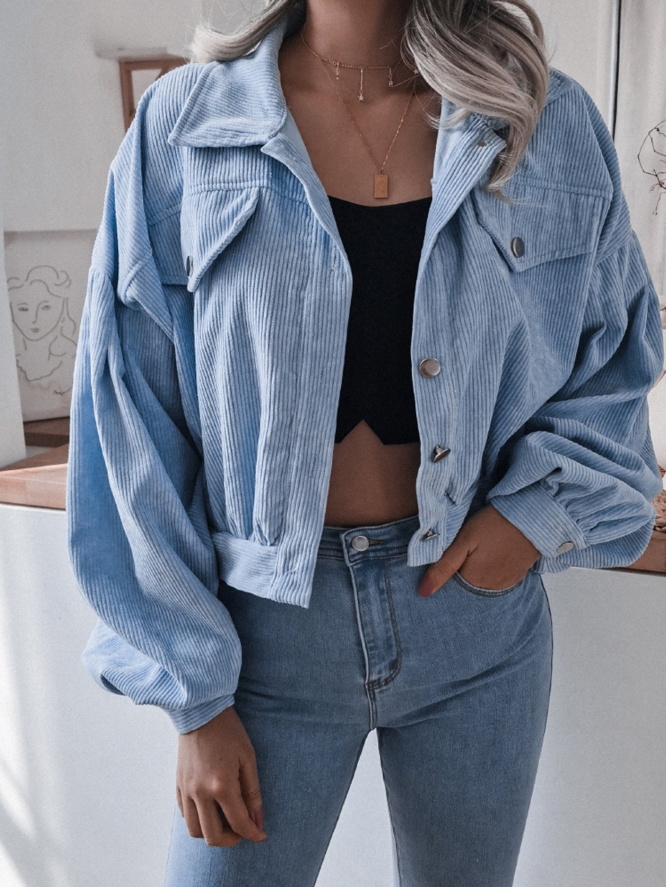 Lantern Sleeve Cropped Corduroy Jacket | Maekery Studio