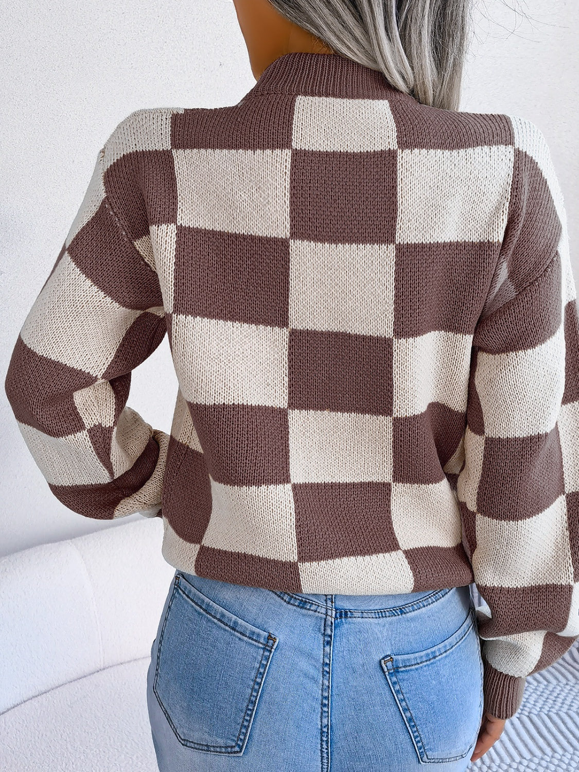 Checkered Mock Neck Long Sleeve Sweater | Maekery Studio