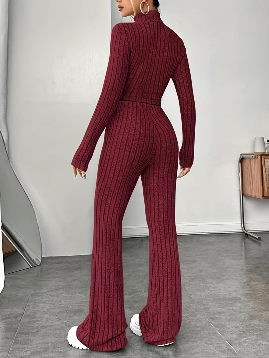 Ribbed Mock Neck Long Sleeve Top and Pants Set | Maekery Studio