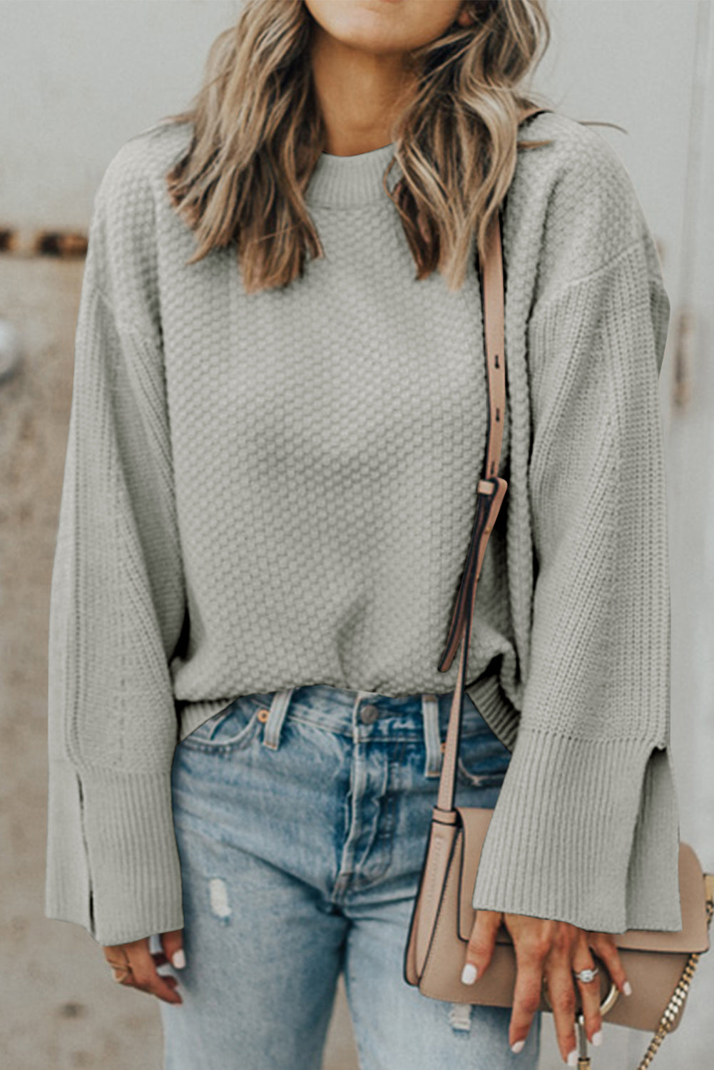 Textured Round Neck Long Sleeve Sweater | Maekery Studio