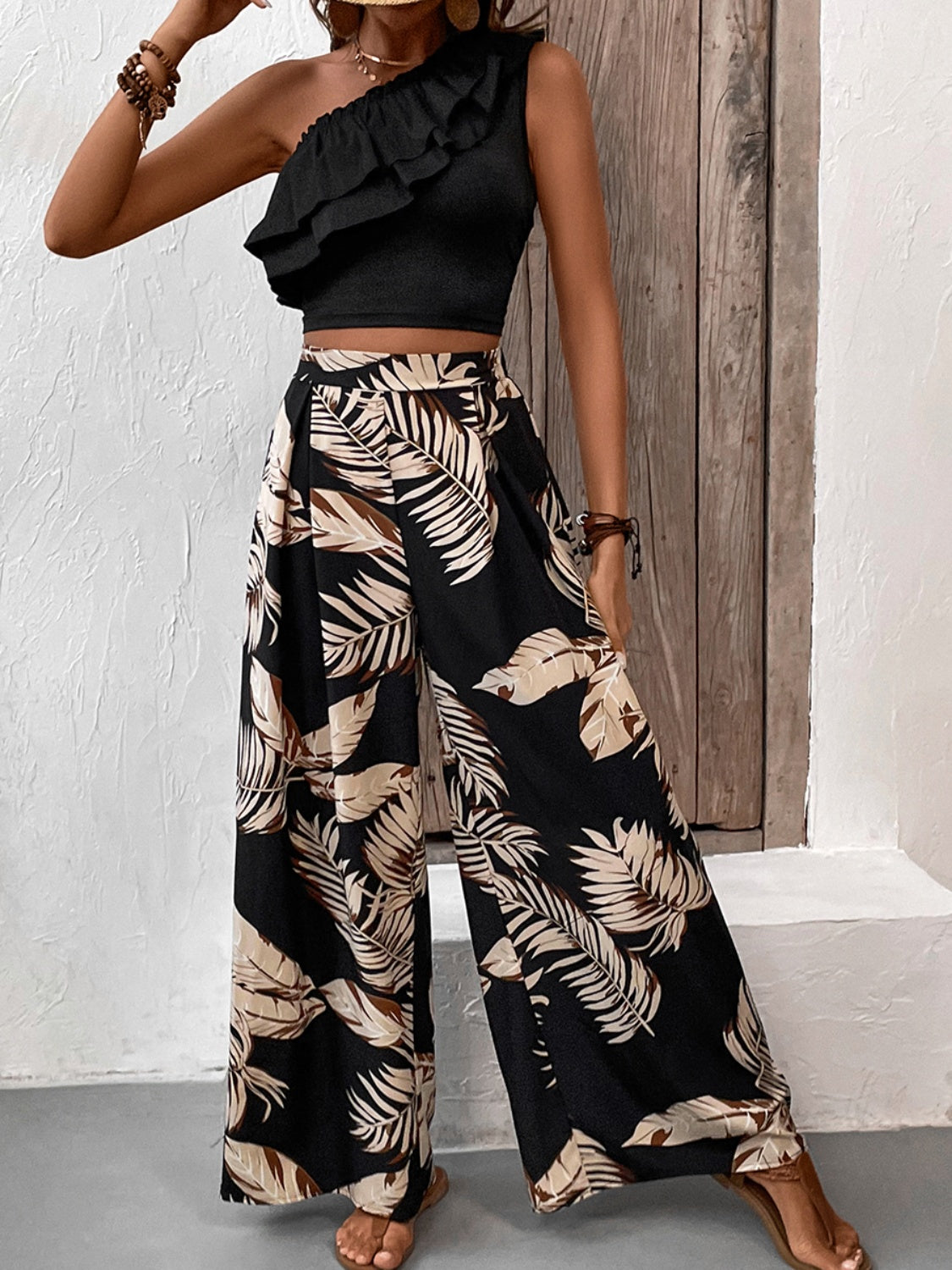 Honey Ruffled Sleeveless Top and Printed Pants Set | Maekery Studio