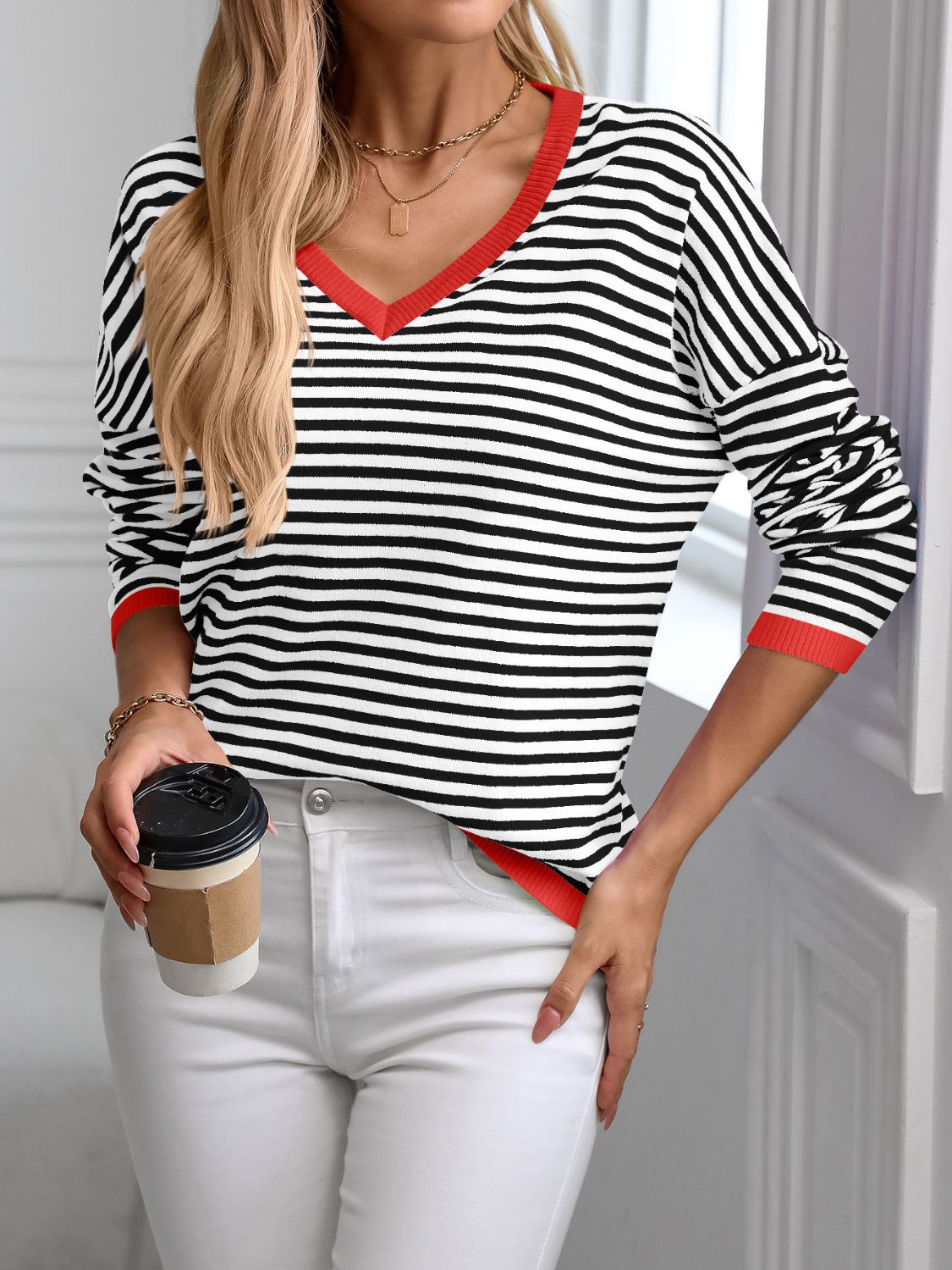 Contrast Trim Striped V-Neck Long Sleeve Knit Top | Maekery Studio