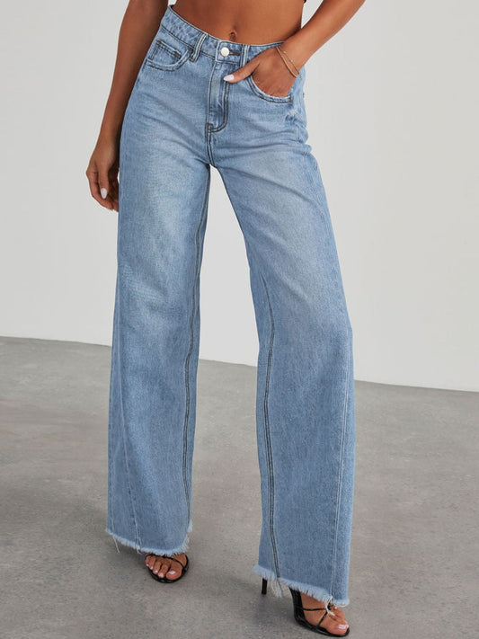 Raw Hem Wide Leg Jeans with Pockets | Maekery Studio