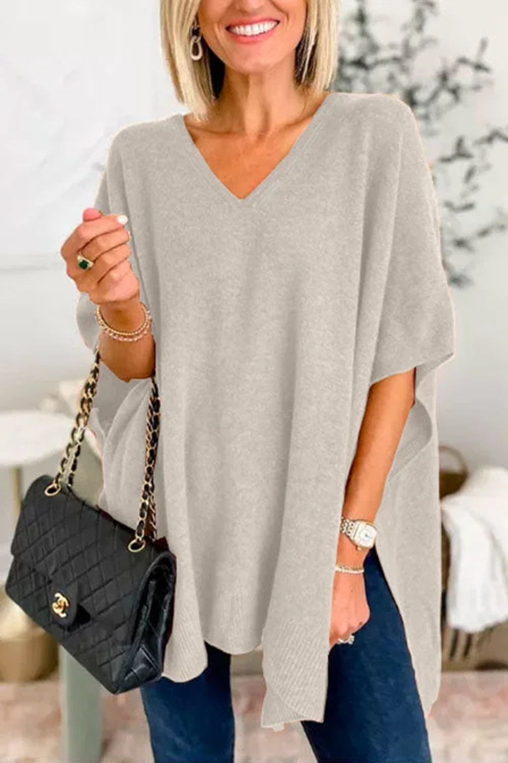 Slit V-Neck Half Sleeve Knit Top | Maekery Studio