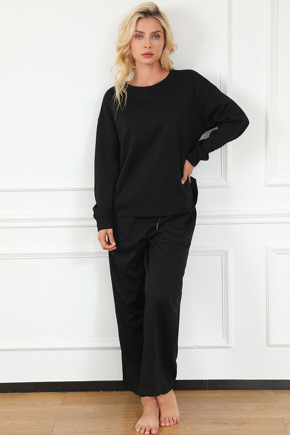 Double Take Full Size Textured Long Sleeve Top and Drawstring Pants Set | Maekery Studio