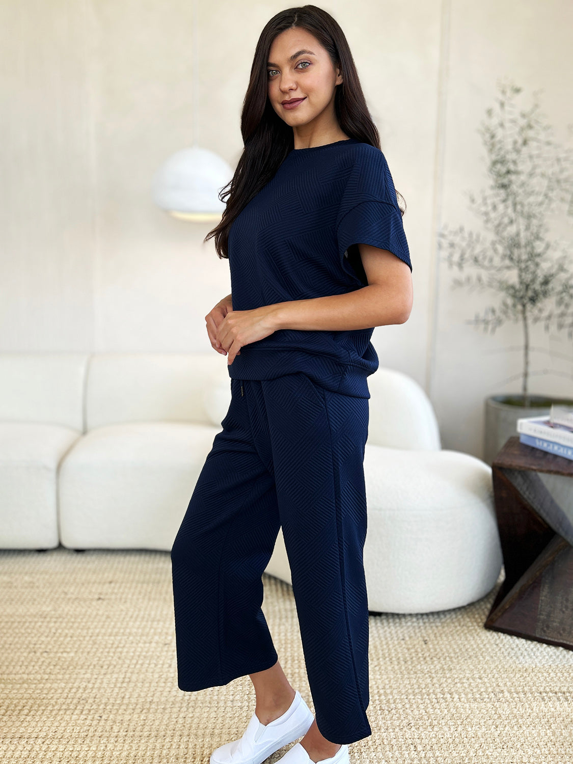 Double Take Full Size Texture Short Sleeve Top and Pants Set | Maekery Studio