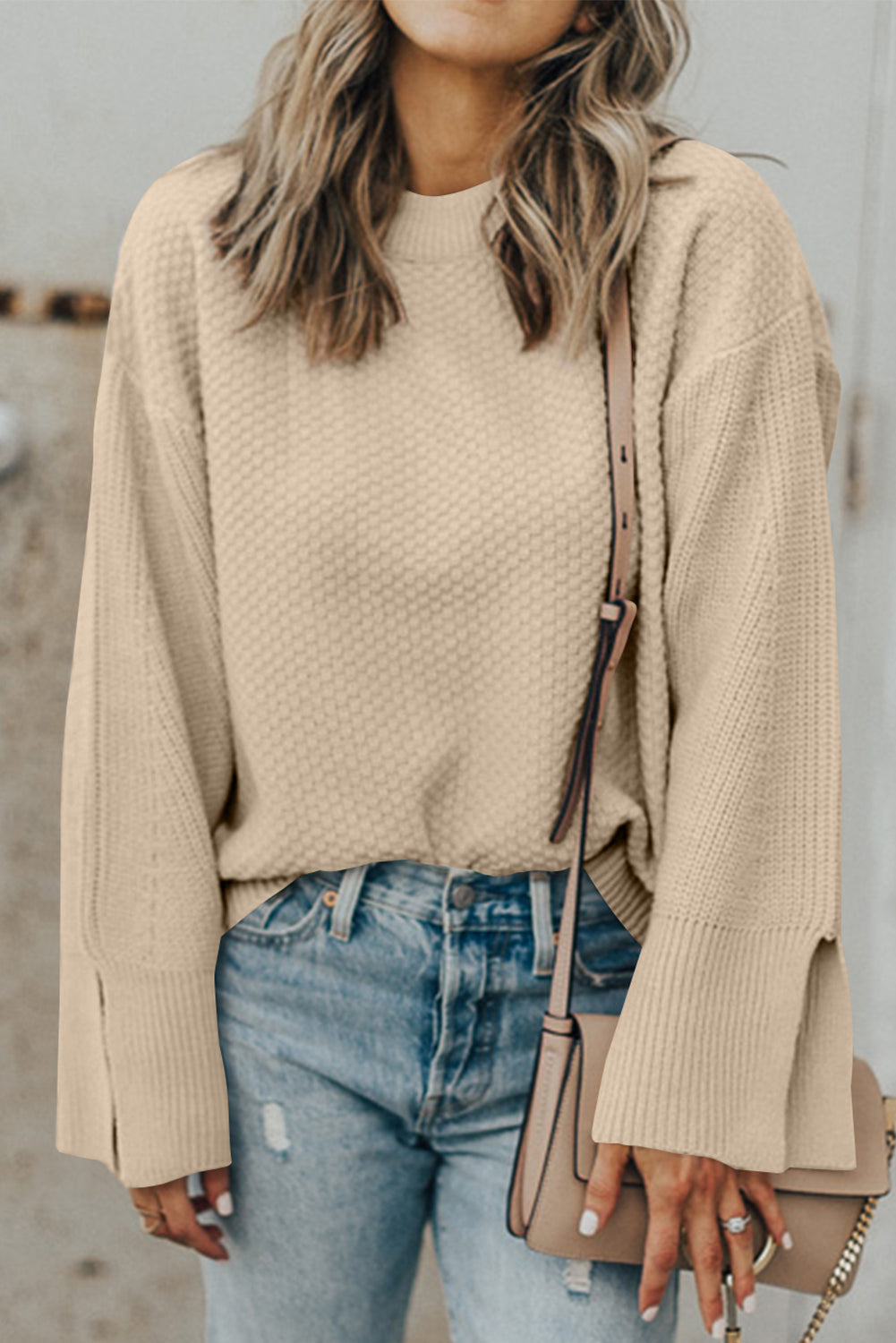 Textured Round Neck Long Sleeve Sweater | Maekery Studio