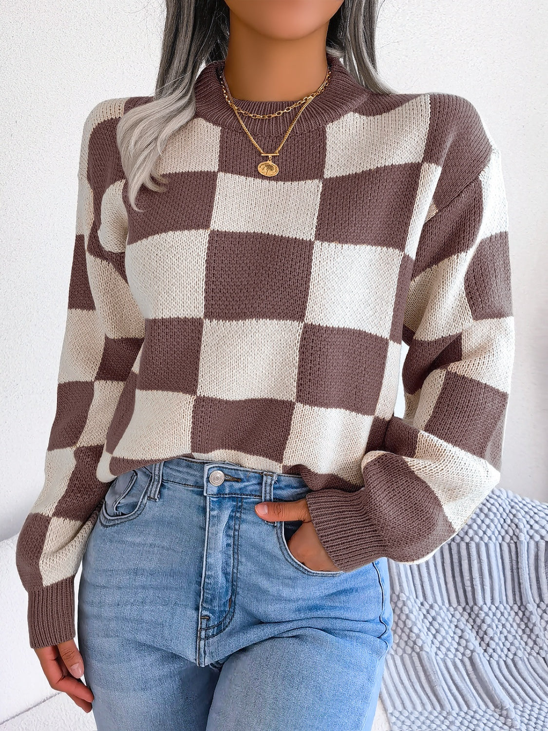 Checkered Mock Neck Long Sleeve Sweater | Maekery Studio