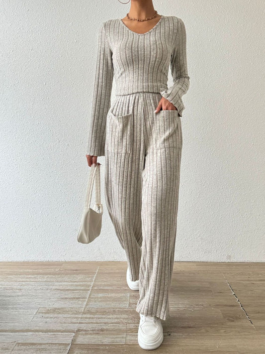 Ribbed V-Neck Long Sleeve Top and Pocketed Pants Set | Maekery Studio