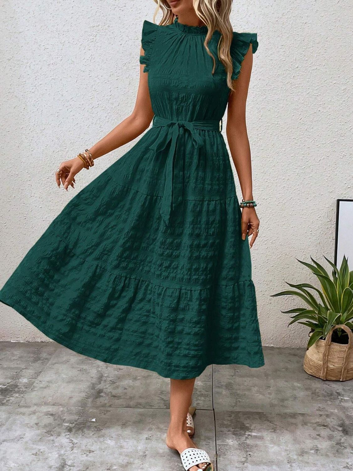 Tied Ruffled Cap Sleeve Midi Dress | Maekery Studio