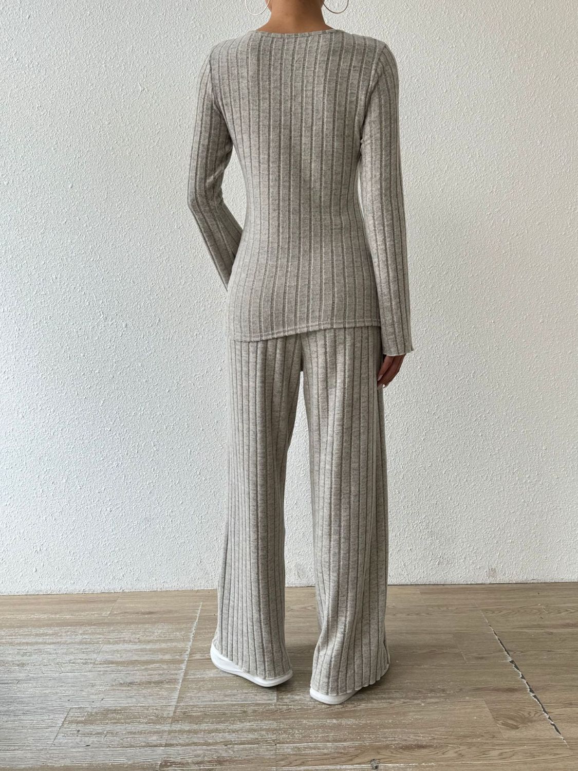 Ribbed V-Neck Long Sleeve Top and Pocketed Pants Set | Maekery Studio