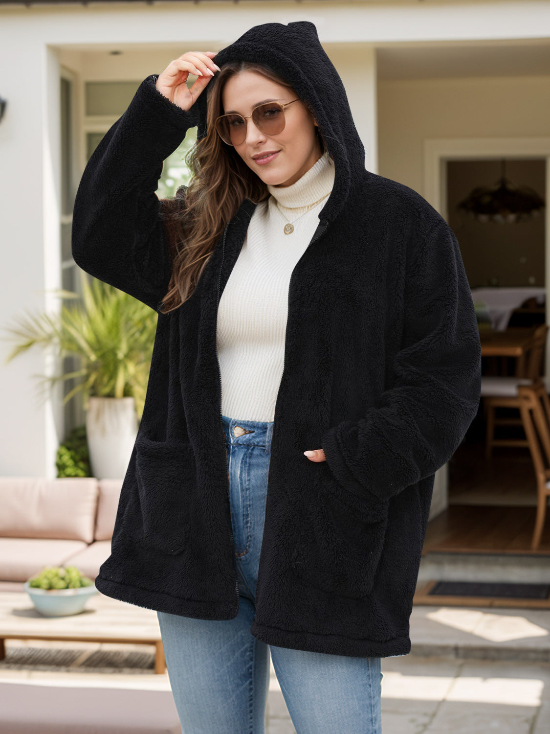 Plus Size Zip Up Long Sleeve Hooded Outerwear | Maekery Studio