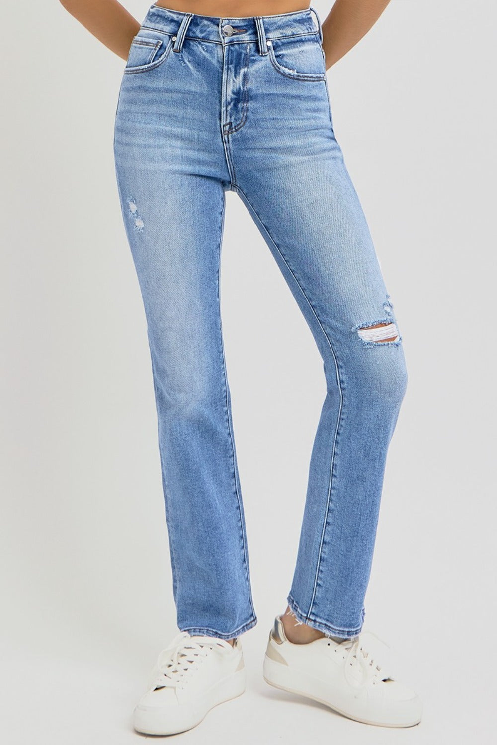 RISEN Full Size Distressed High-Rise Ankle Straight Jeans | Maekery Studio