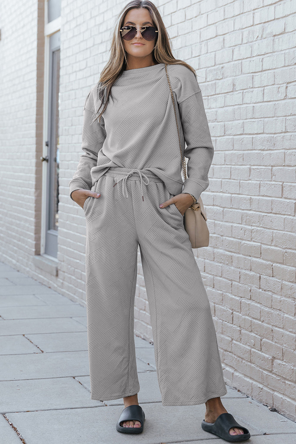 Double Take Full Size Textured Long Sleeve Top and Drawstring Pants Set | Maekery Studio