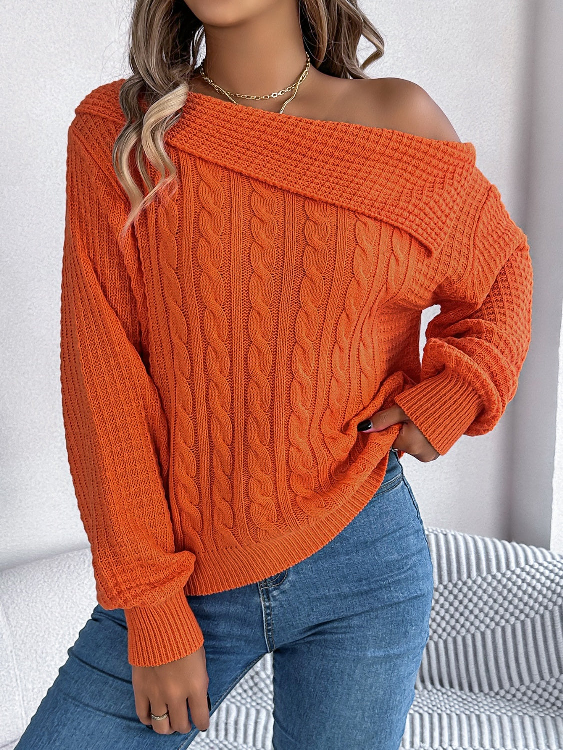 Cable-Knit One Shoulder Long Sleeve Sweater | Maekery Studio