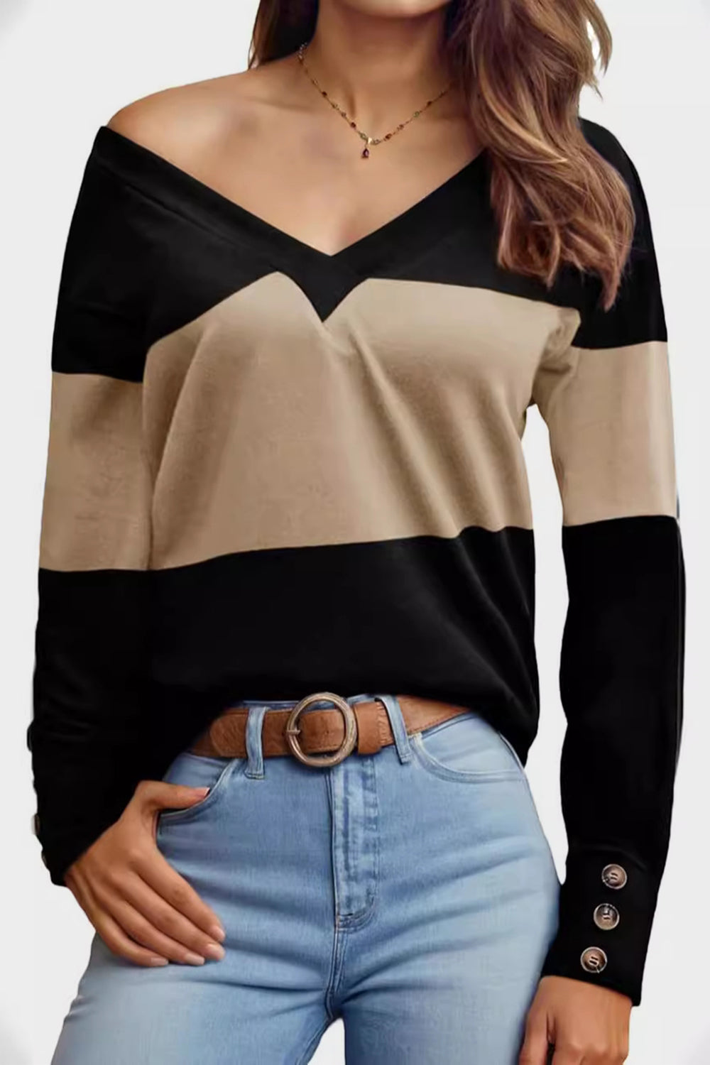 Decorative Button Contrast V-Neck Long Sleeve T-Shirt | Maekery Studio