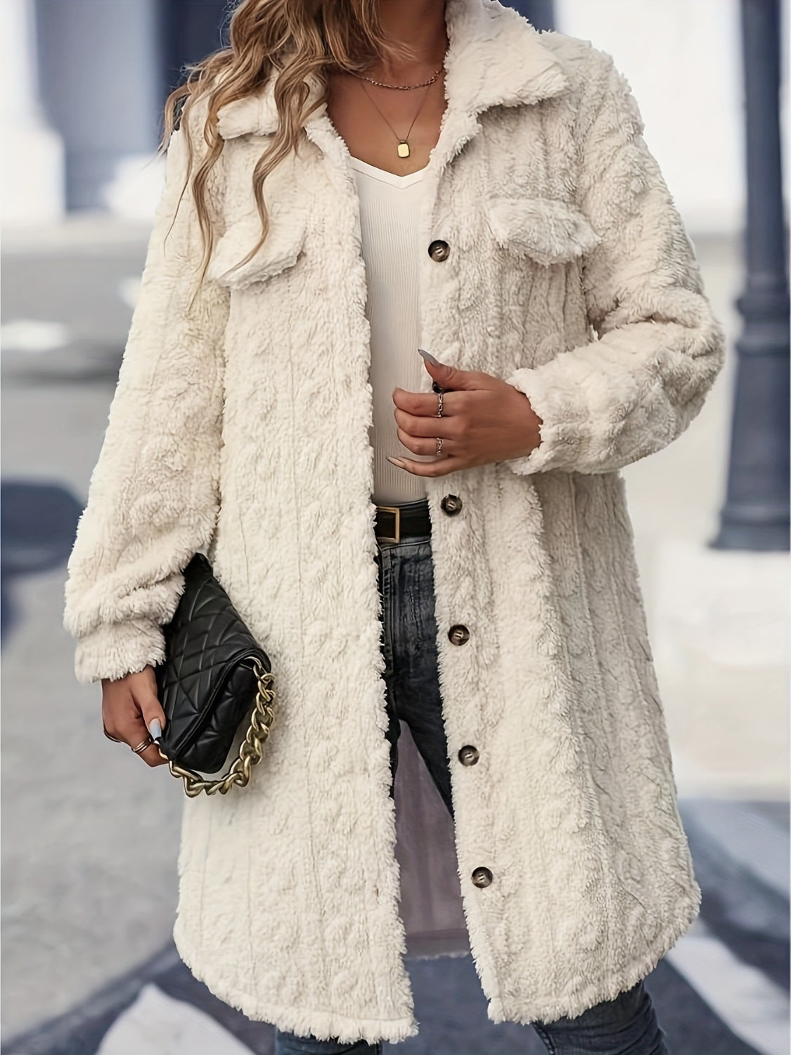 Fuzzy Button Up Long Sleeve Longline Coat | Maekery Studio