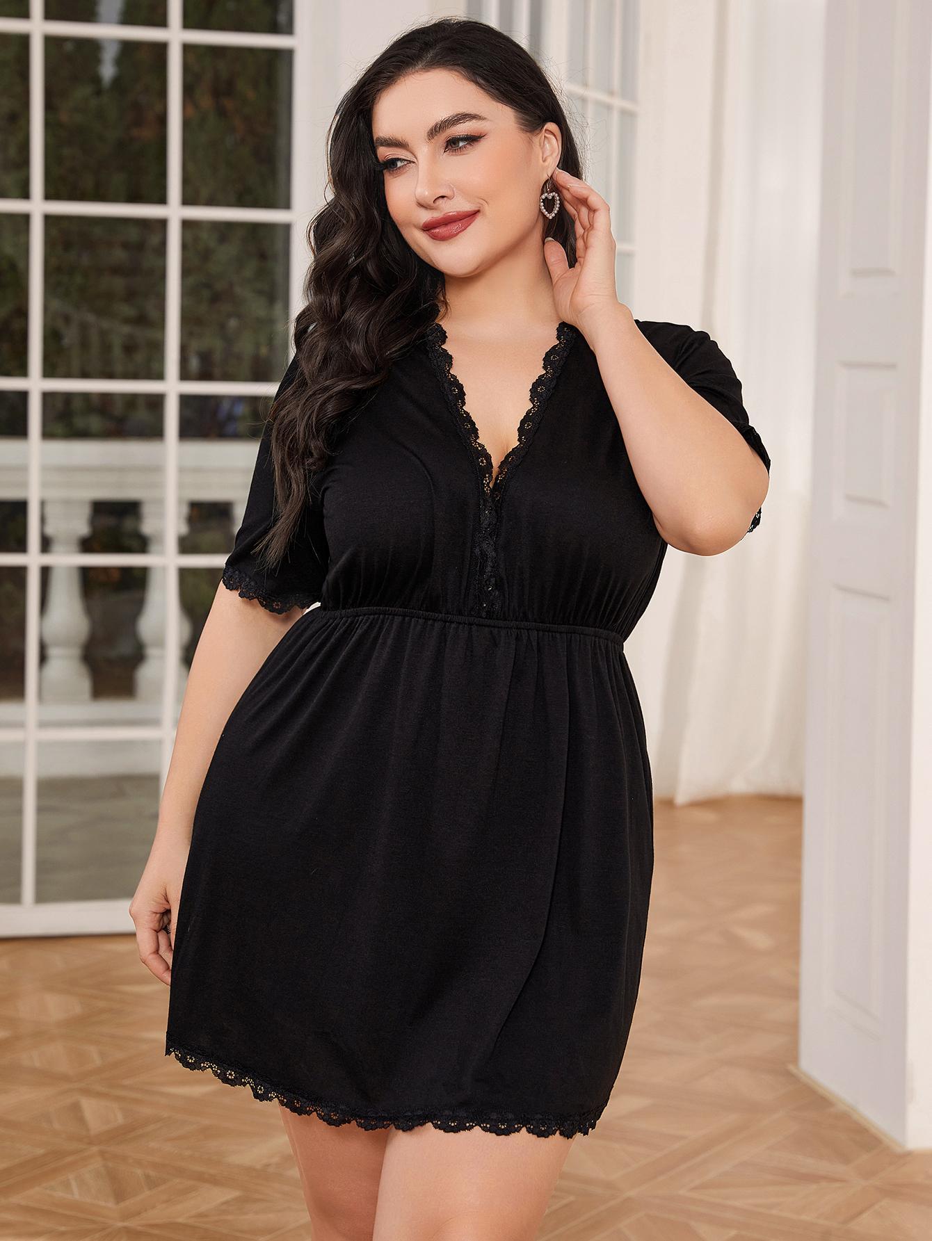 Plus Size Lace Trim Deep V Night Dress | Maekery Studio