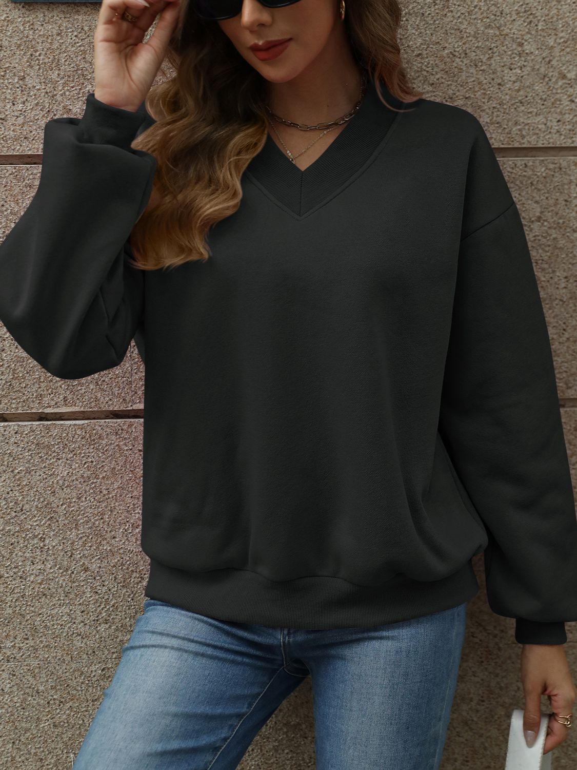 V-Neck Long Sleeve Dropped Shoulder Sweatshirt | Maekery Studio