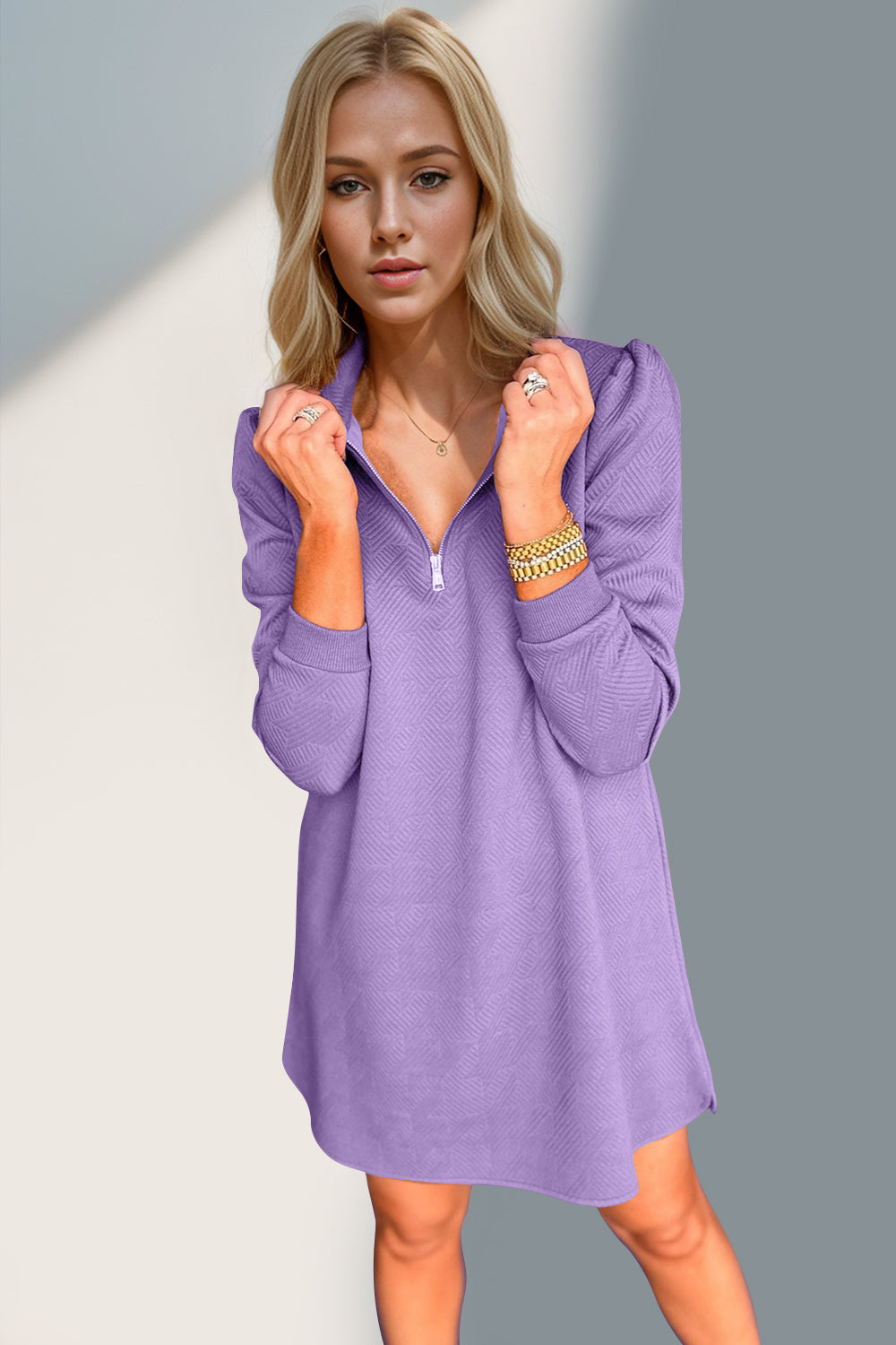 Double Take Textured Quarter Zip Long Sleeve Dress | Maekery Studio