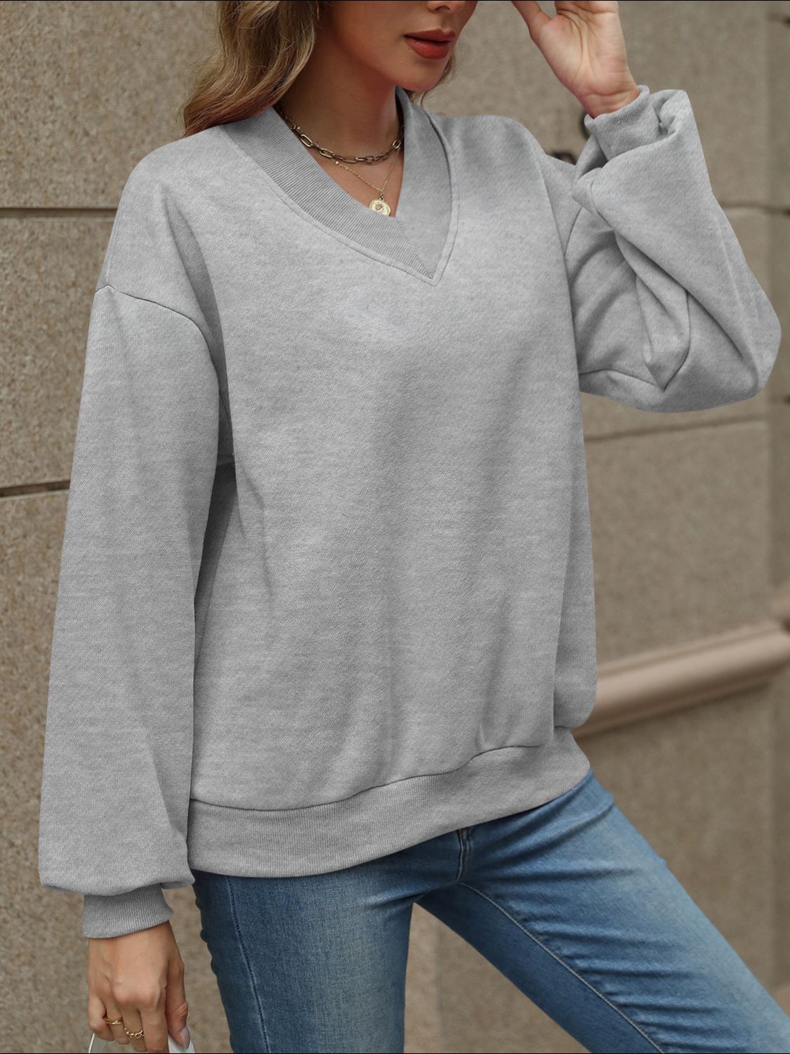 V-Neck Long Sleeve Dropped Shoulder Sweatshirt | Maekery Studio